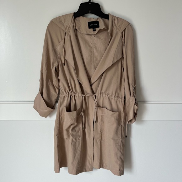 Love Tree Jackets & Blazers - Love Tree Beige Lightweight Hooded Trench Coat with Drawstring Waist